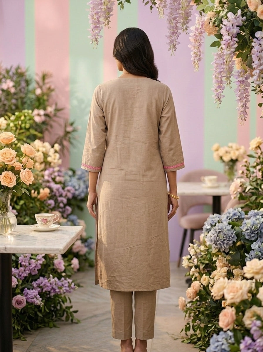 Neerus Brown cotton thread embroidered suit set - back view