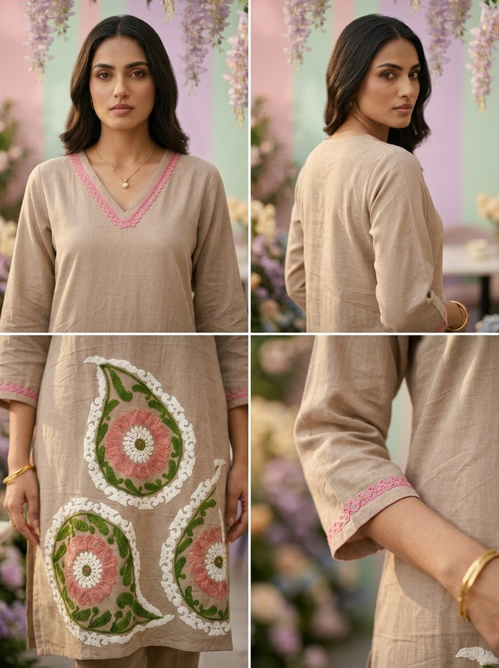 Neerus Brown cotton thread embroidered suit set - side view