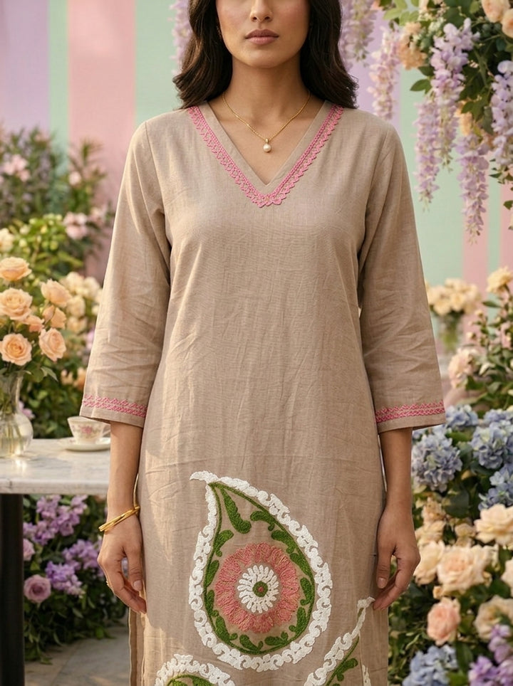 Neerus Brown cotton thread embroidered suit set - detail view 2