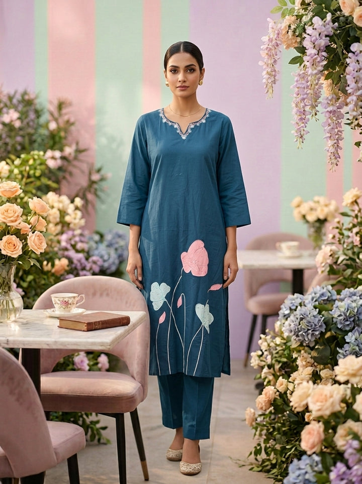Neerus Green cotton embroidered suit set - front view