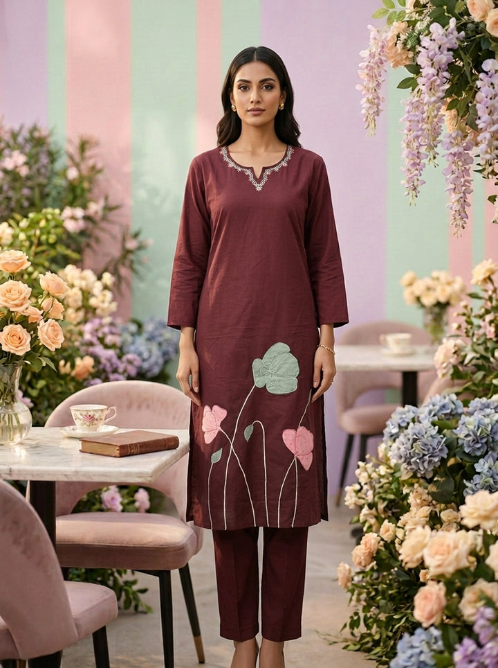 Neerus Maroon cotton embroidered suit set - front view