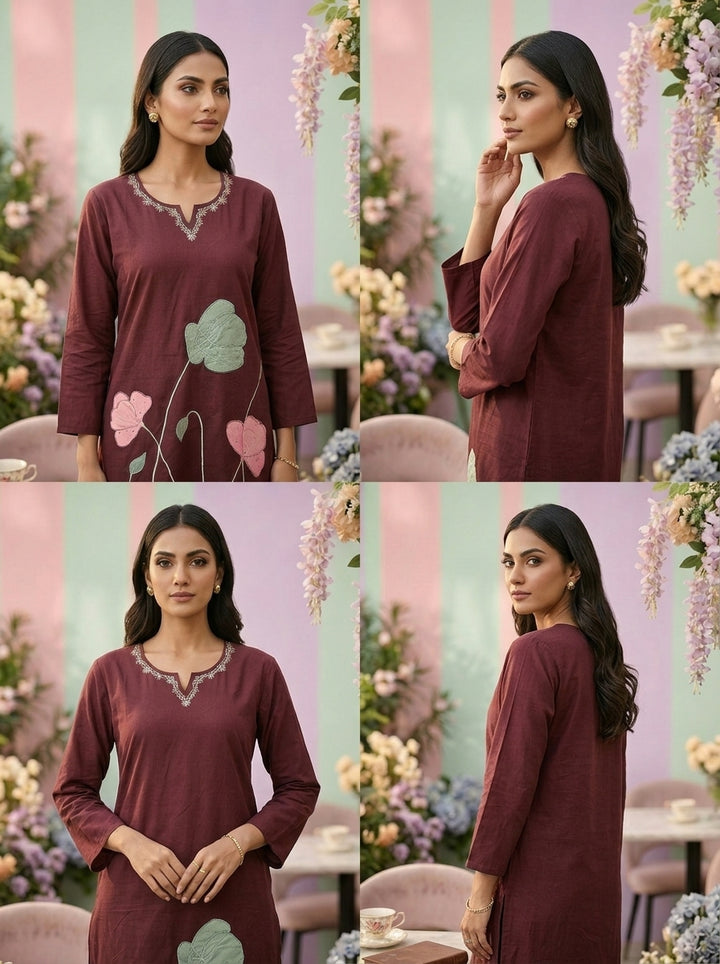 Neerus Maroon cotton embroidered suit set - side view