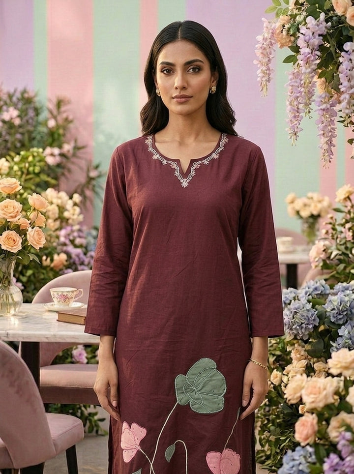 Neerus Maroon cotton embroidered suit set - detail view 1
