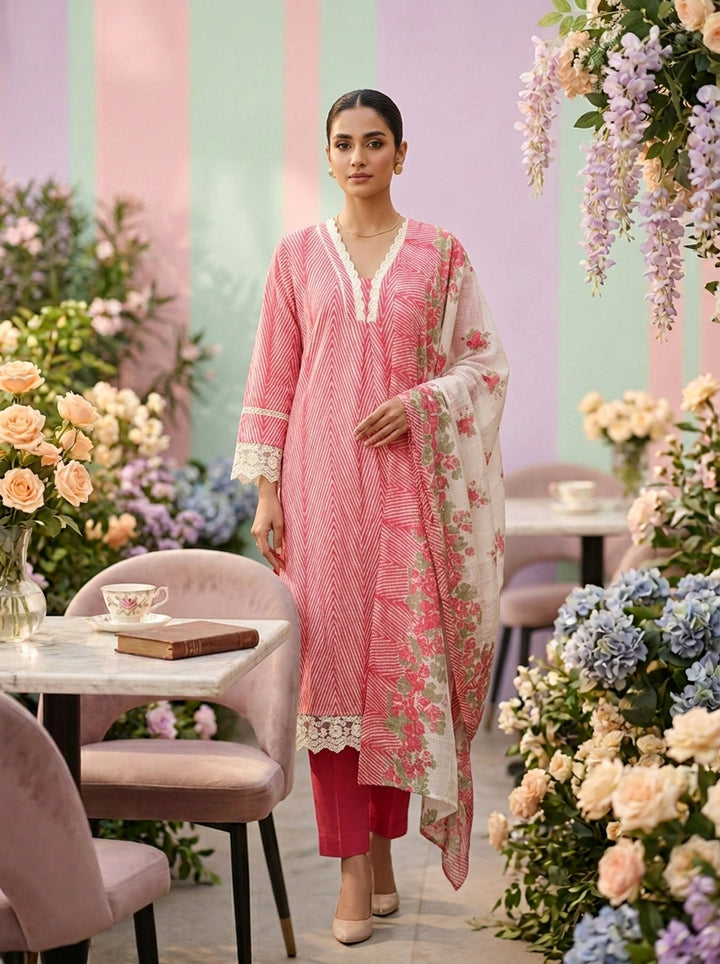 Neerus Pink cotton printed suit set - front view
