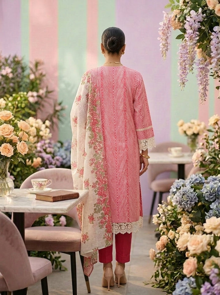 Neerus Pink cotton printed suit set - back view