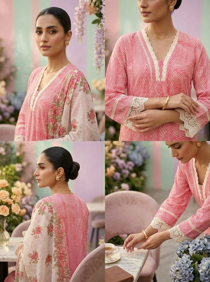 Neerus Pink cotton printed suit set - side view