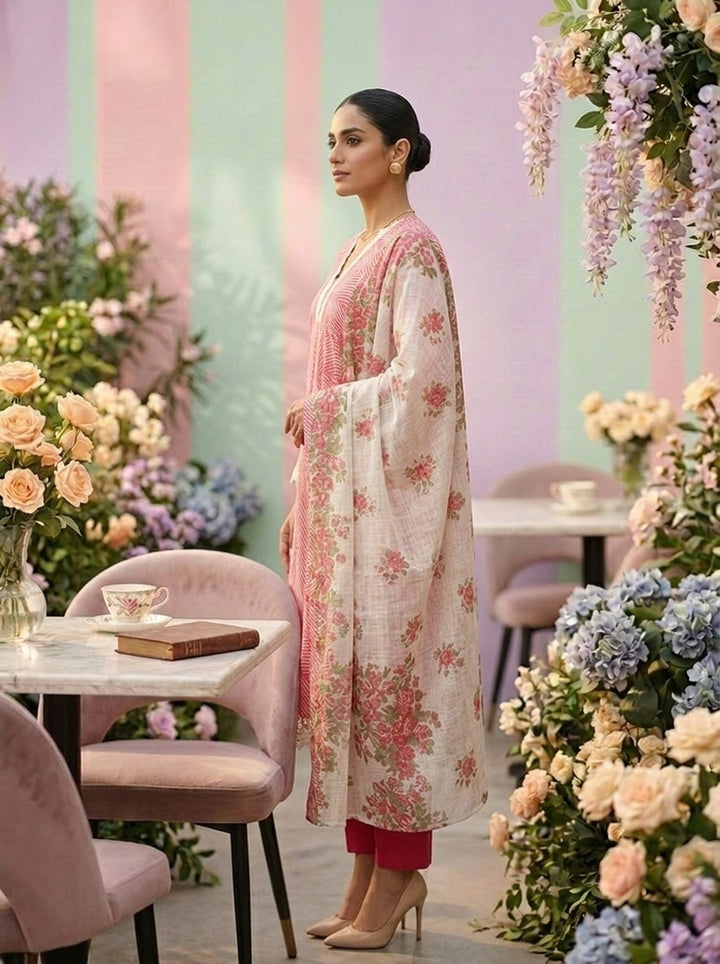Neerus Pink cotton printed suit set - detail view 1
