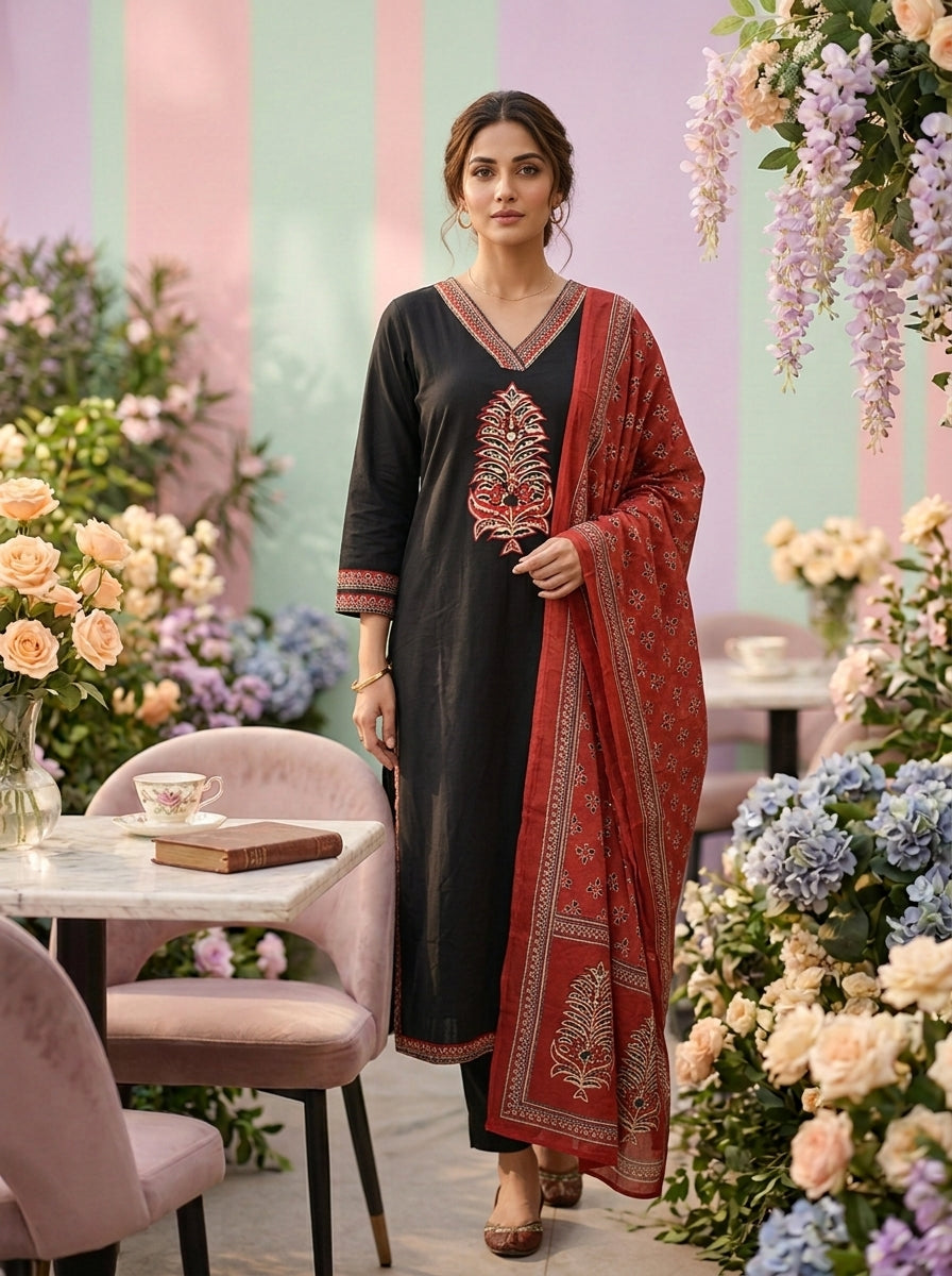Neerus Black cotton solid suit set with contrast dupatta - front view
