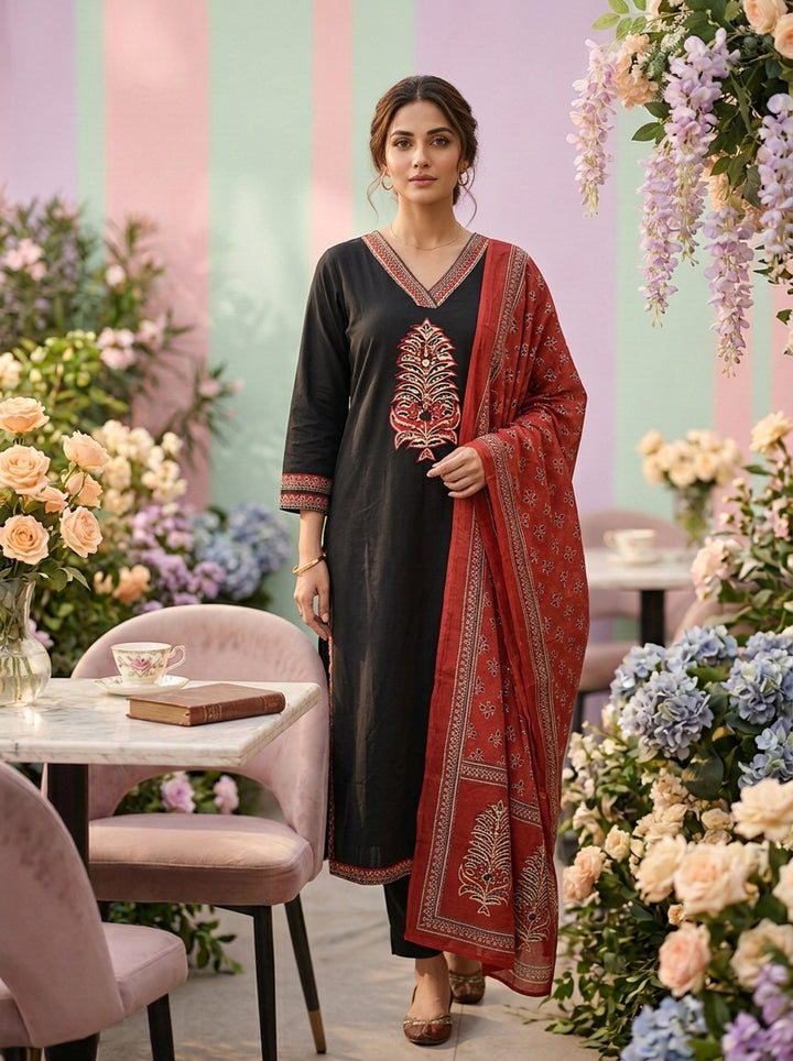 Neerus Black cotton solid suit set with contrast dupatta - front view