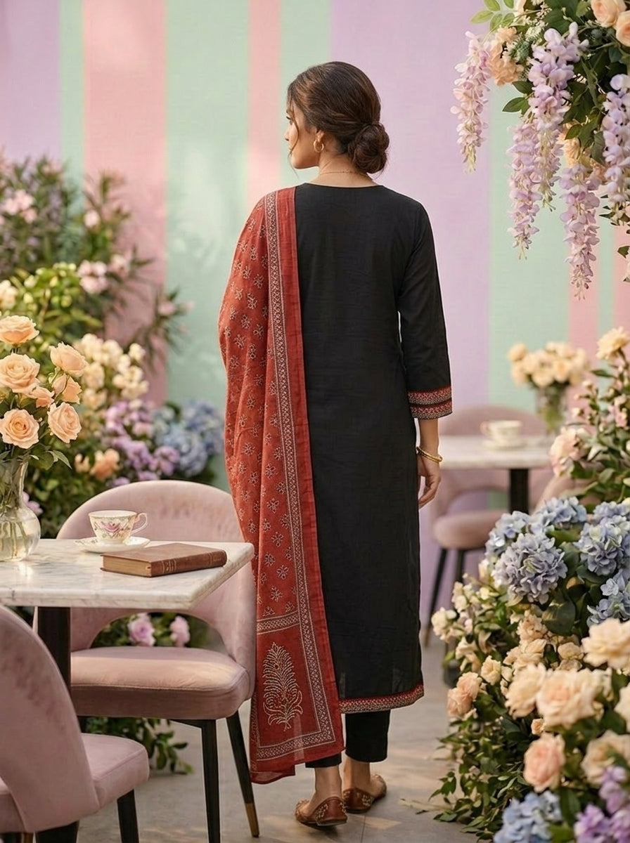 Neerus Black cotton solid suit set with contrast dupatta - back view