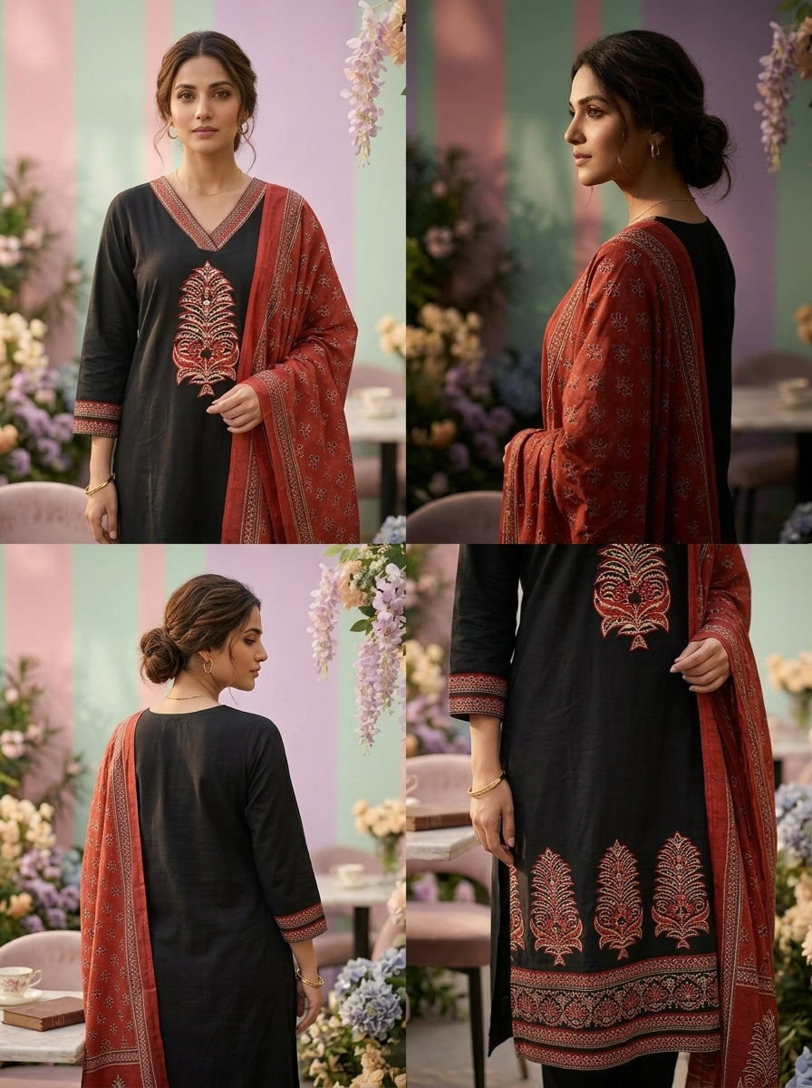 Neerus Black cotton solid suit set with contrast dupatta - side view
