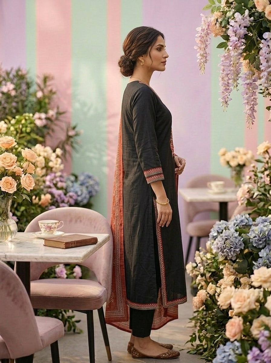 Neerus Black cotton solid suit set with contrast dupatta - detail view 1