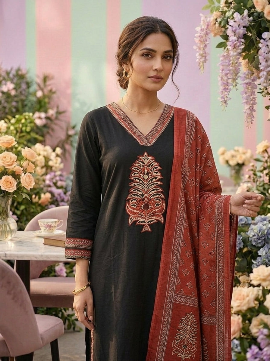 Neerus Black cotton solid suit set with contrast dupatta - detail view 2
