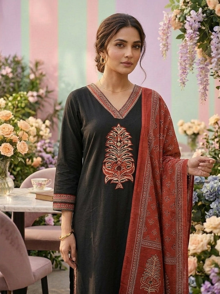 Neerus Black cotton solid suit set with contrast dupatta - detail view 2
