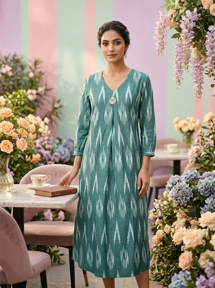 Neerus Green cotton printed kurti floral - front view