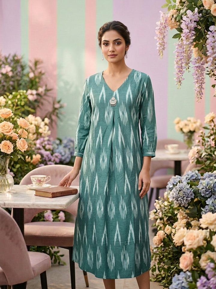 Neerus Green cotton printed kurti floral - front view