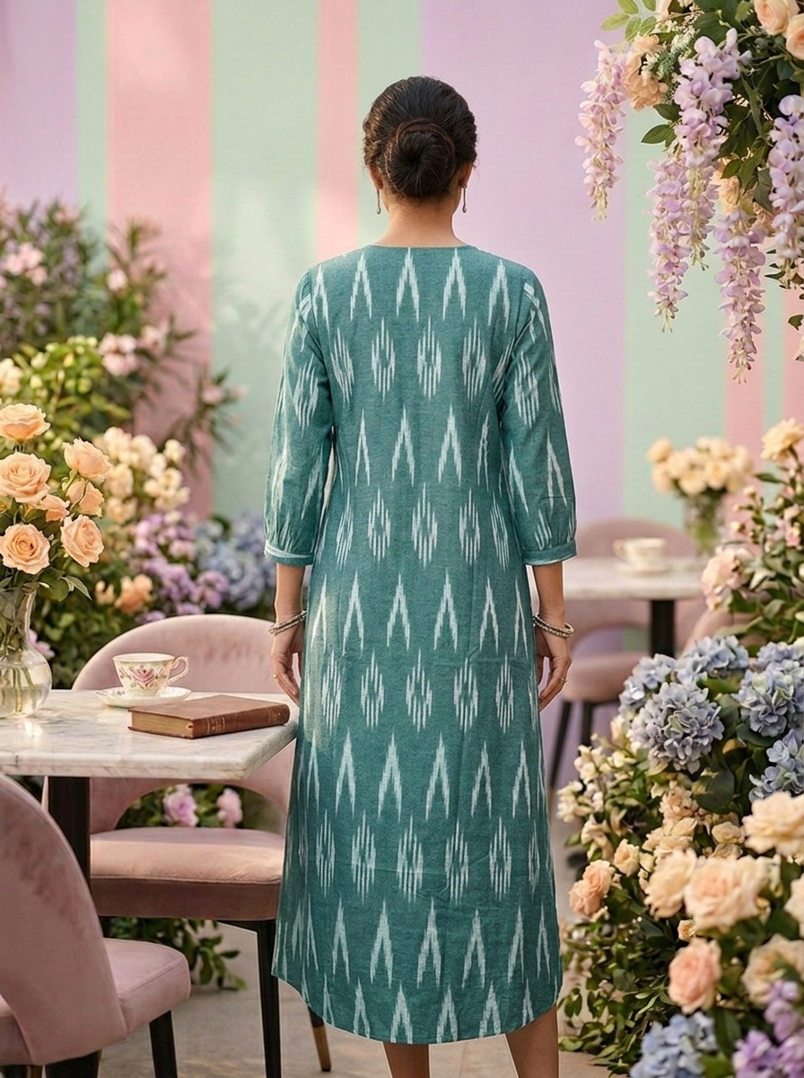 Neerus Green cotton printed kurti floral - back view