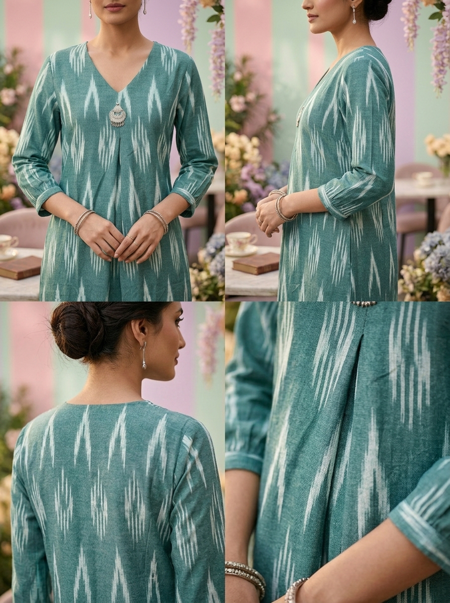 Neerus Green cotton printed kurti floral - side view