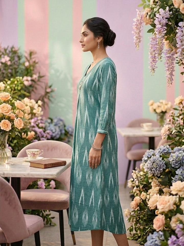 Neerus Green cotton printed kurti floral - detail view 1