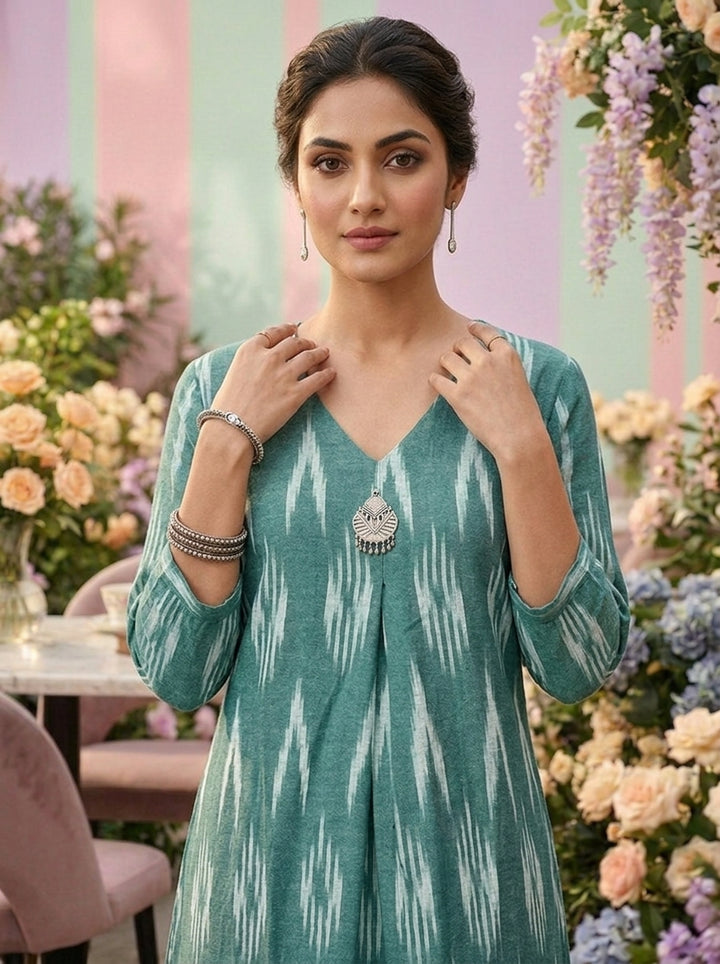 Neerus Green cotton printed kurti floral - detail view 2