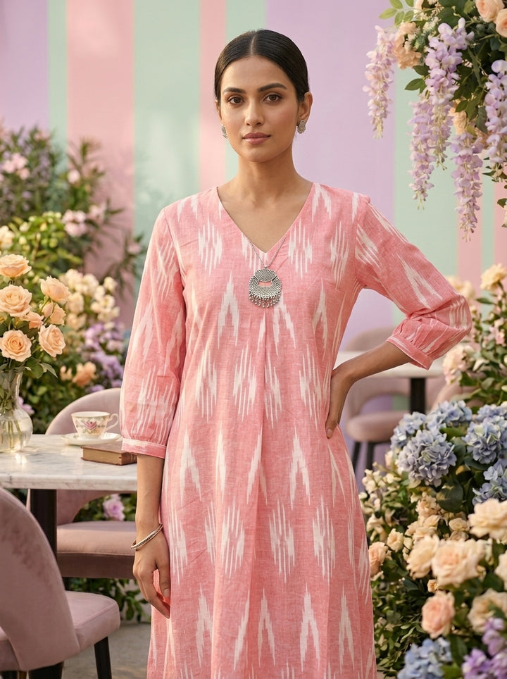 Neerus Pink cotton printed kurti - detail view 2