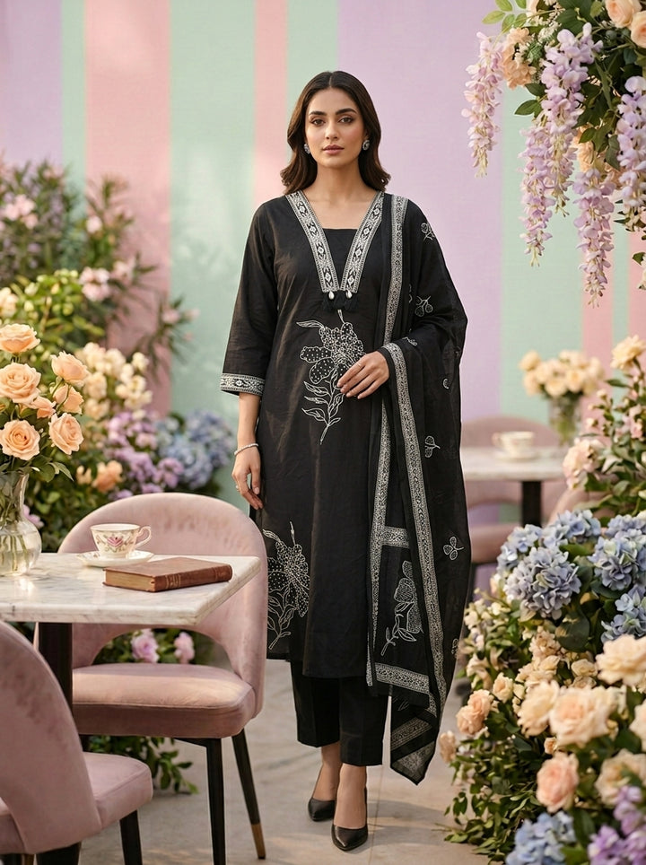 Neerus Black cotton printed suit set - front view