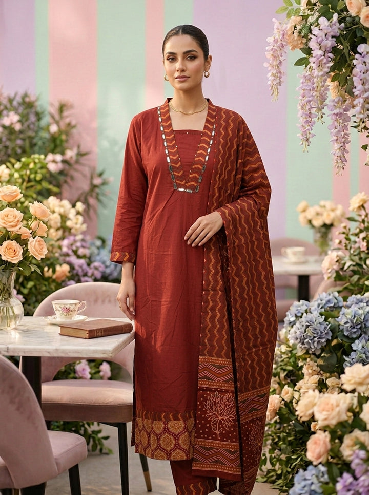 Neerus Maroon cotton mirror work suit set - front view