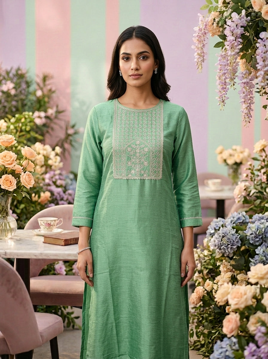 Neerus Green cotton thread embroidered kurti - front view