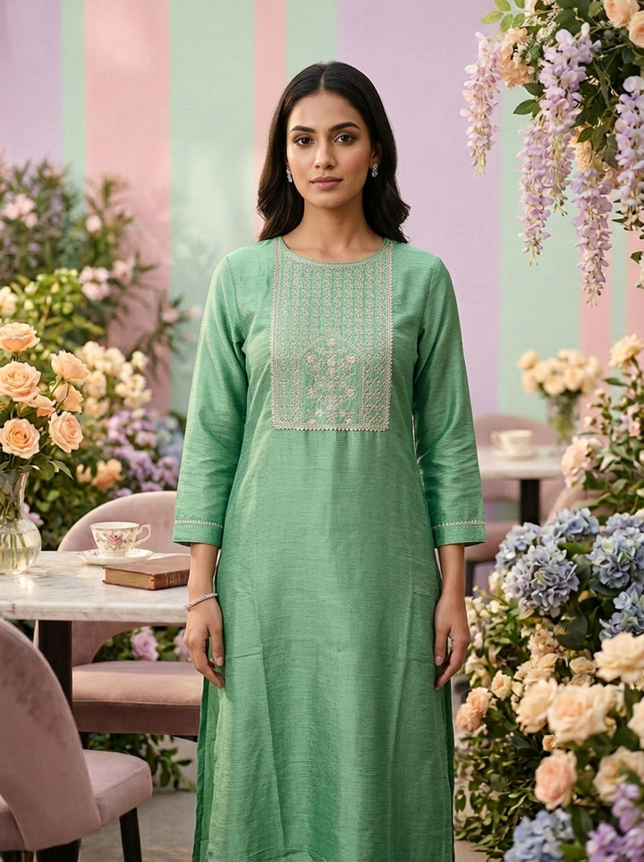 Neerus Green cotton thread embroidered kurti - front view