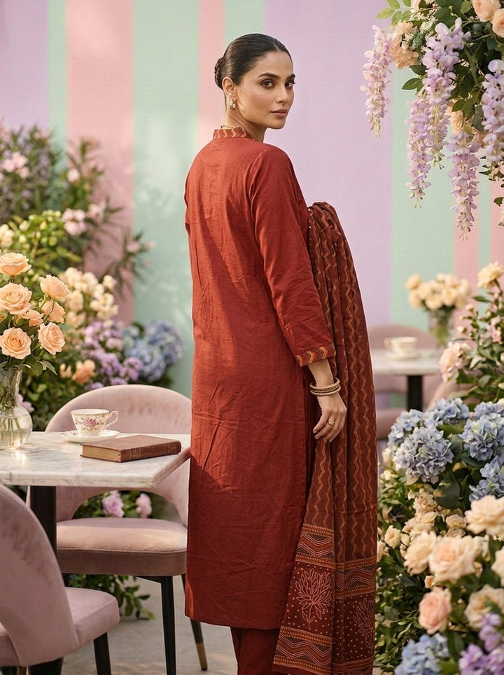 Neerus Maroon cotton mirror work suit set - side view