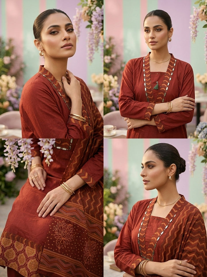 Neerus Maroon cotton mirror work suit set - back view