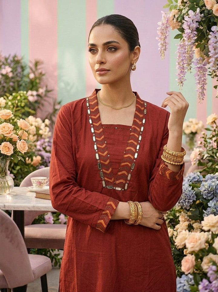 Neerus Maroon cotton mirror work suit set - detail view 1