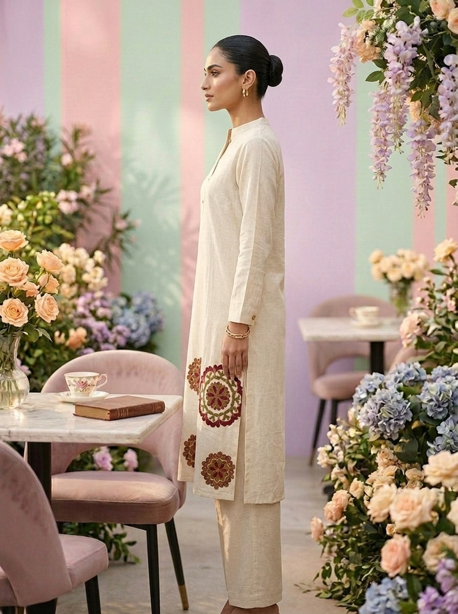 Neerus White cotton thread embroidered suit set - side view