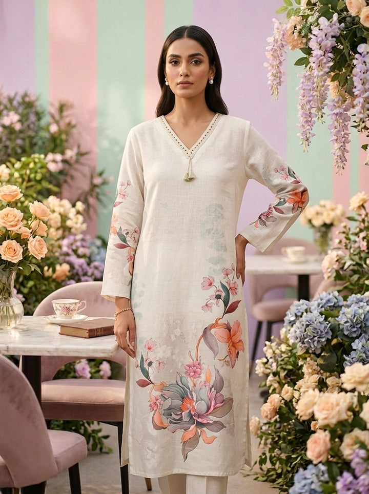 Neerus Green linen thread embroidered suit set - front view