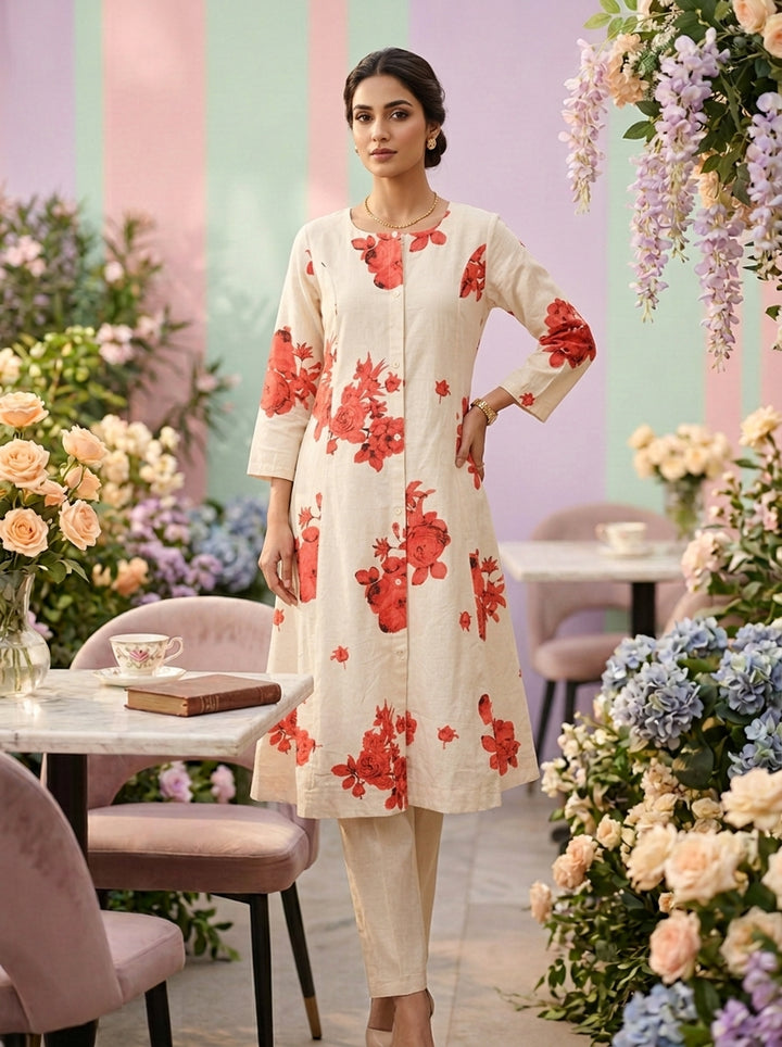Neerus Red cotton printed suit set - front view