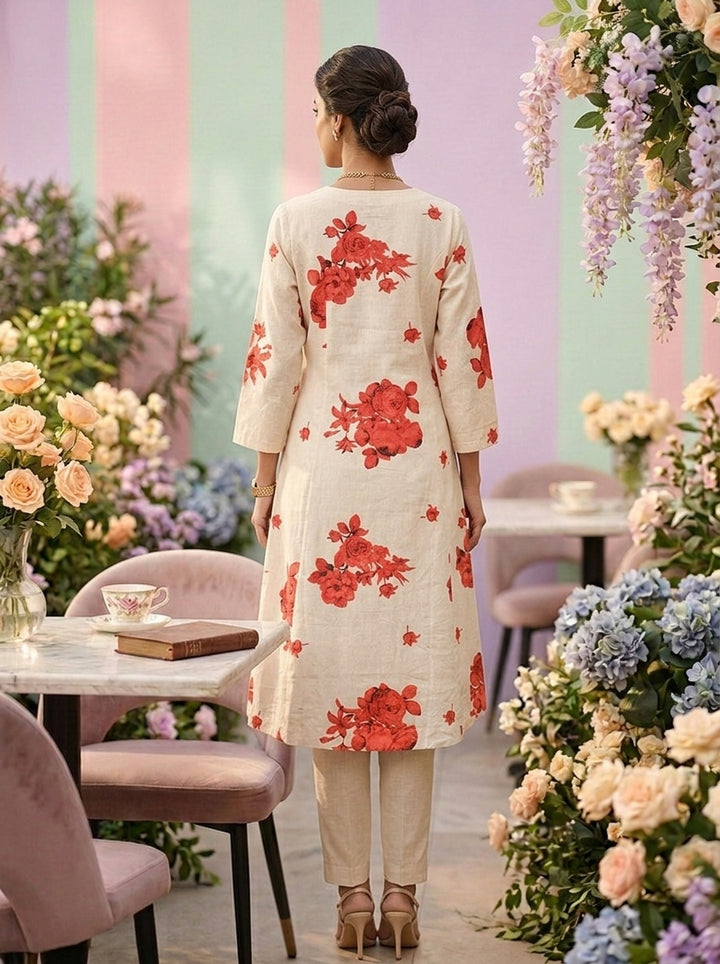 Neerus Red cotton printed suit set - back view