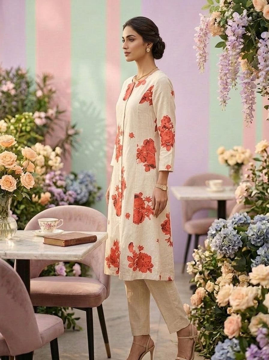 Neerus Red cotton printed suit set - side view