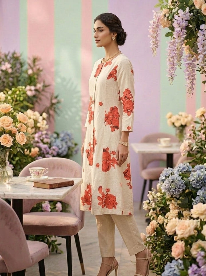 Neerus Red cotton printed suit set - side view