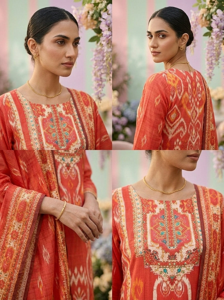 Neerus Orange muslin embellished suit set - side view