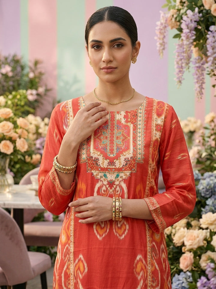 Neerus Orange muslin embellished suit set - detail view 2