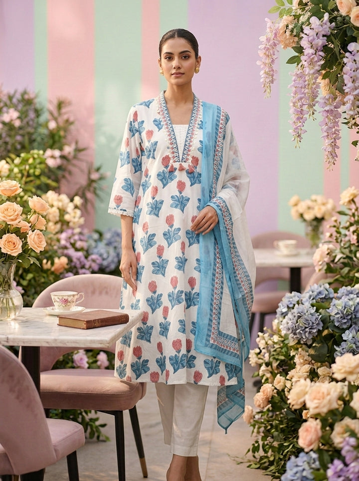 Neerus Blue cotton embroidered suit set - front view