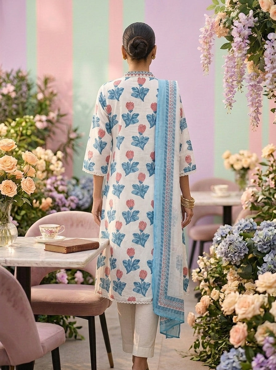 Neerus Blue cotton embroidered suit set - back view