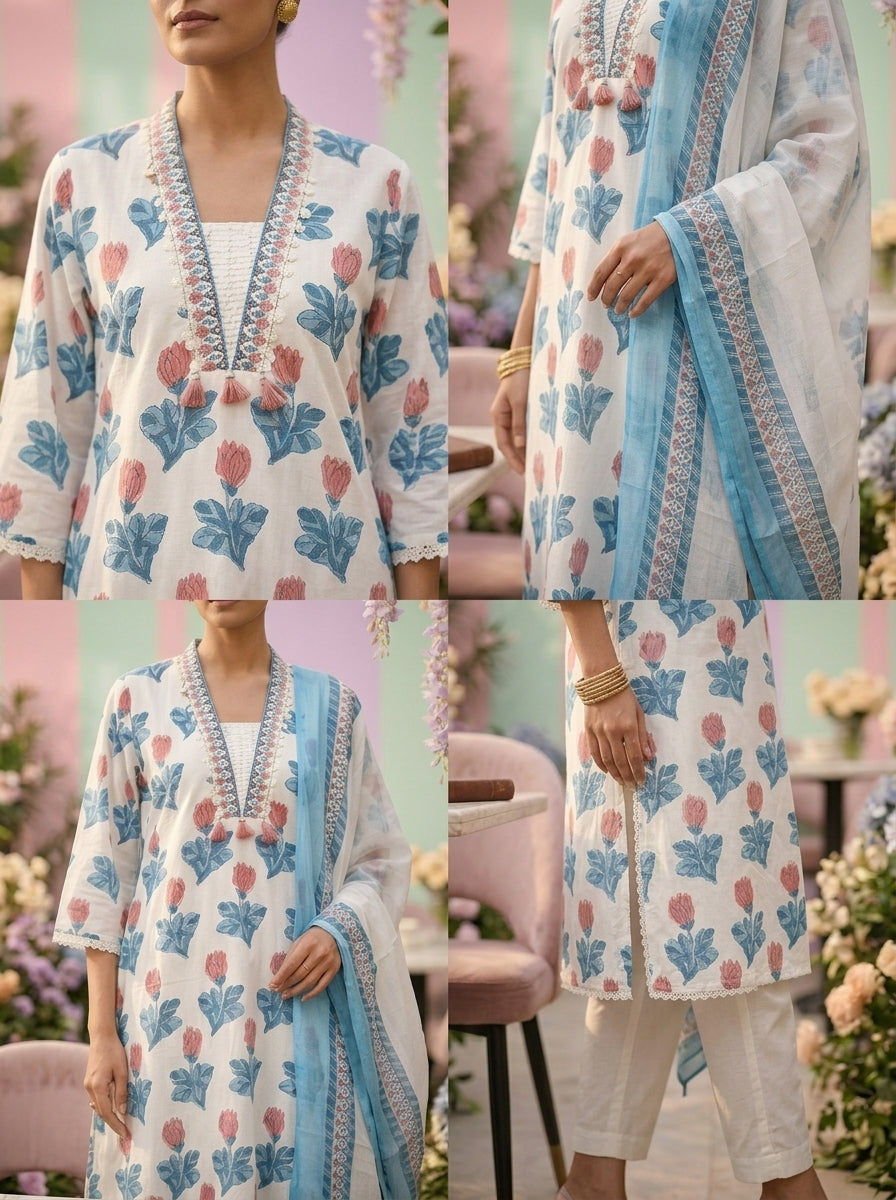 Neerus Blue cotton embroidered suit set - side view