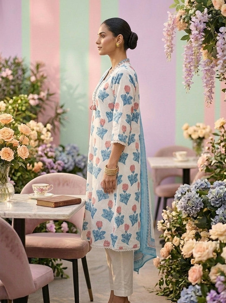 Neerus Blue cotton embroidered suit set - detail view 1