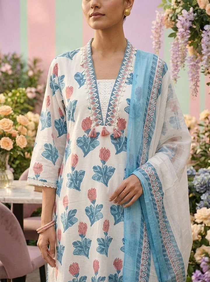 Neerus Blue cotton embroidered suit set - detail view 2