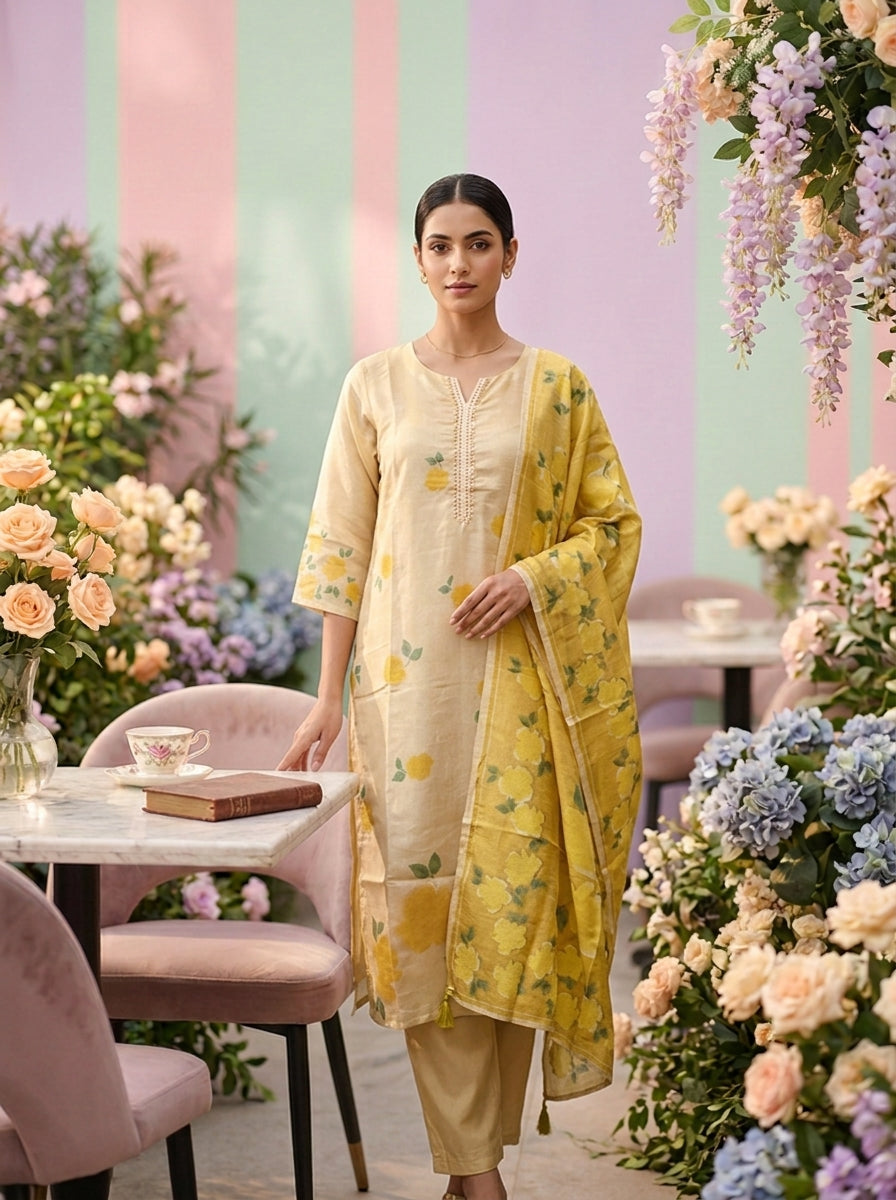Neerus Yellow tissue digital printed suit set - front view
