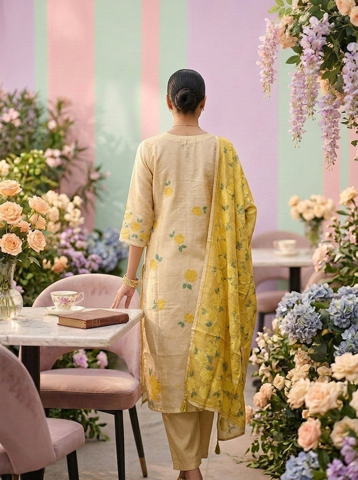 Neerus Yellow tissue digital printed suit set - back view