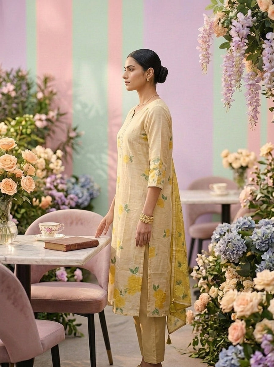 Neerus Yellow tissue digital printed suit set - side view
