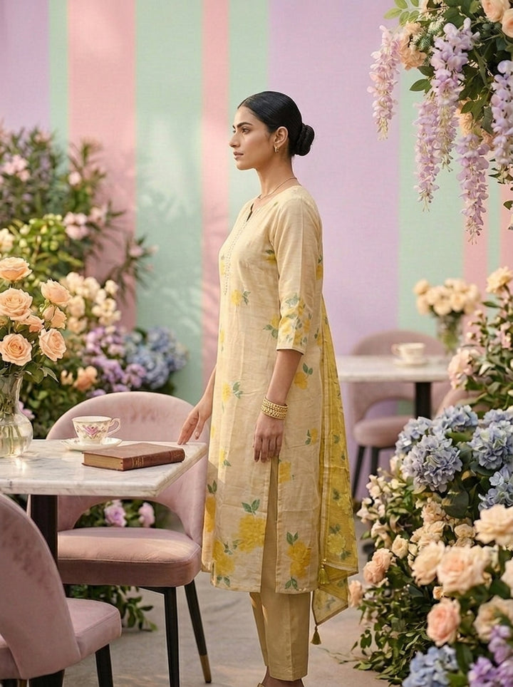 Neerus Yellow tissue digital printed suit set - side view