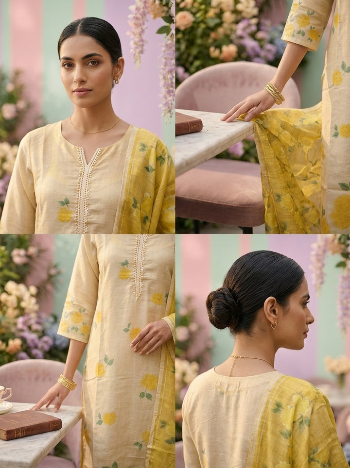 Neerus Yellow tissue digital printed suit set - detail view 1